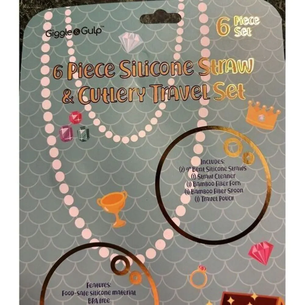 Giggle & Gulp 6 Piece Silicone Straws Fork Spoon Brush Cutlery Travel Set New‎